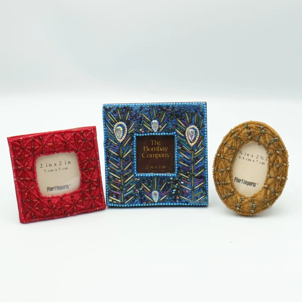 Pier One Imports 90s Y2K Set Of 3 Fabric Beaded Mini Photo Frames 3x3